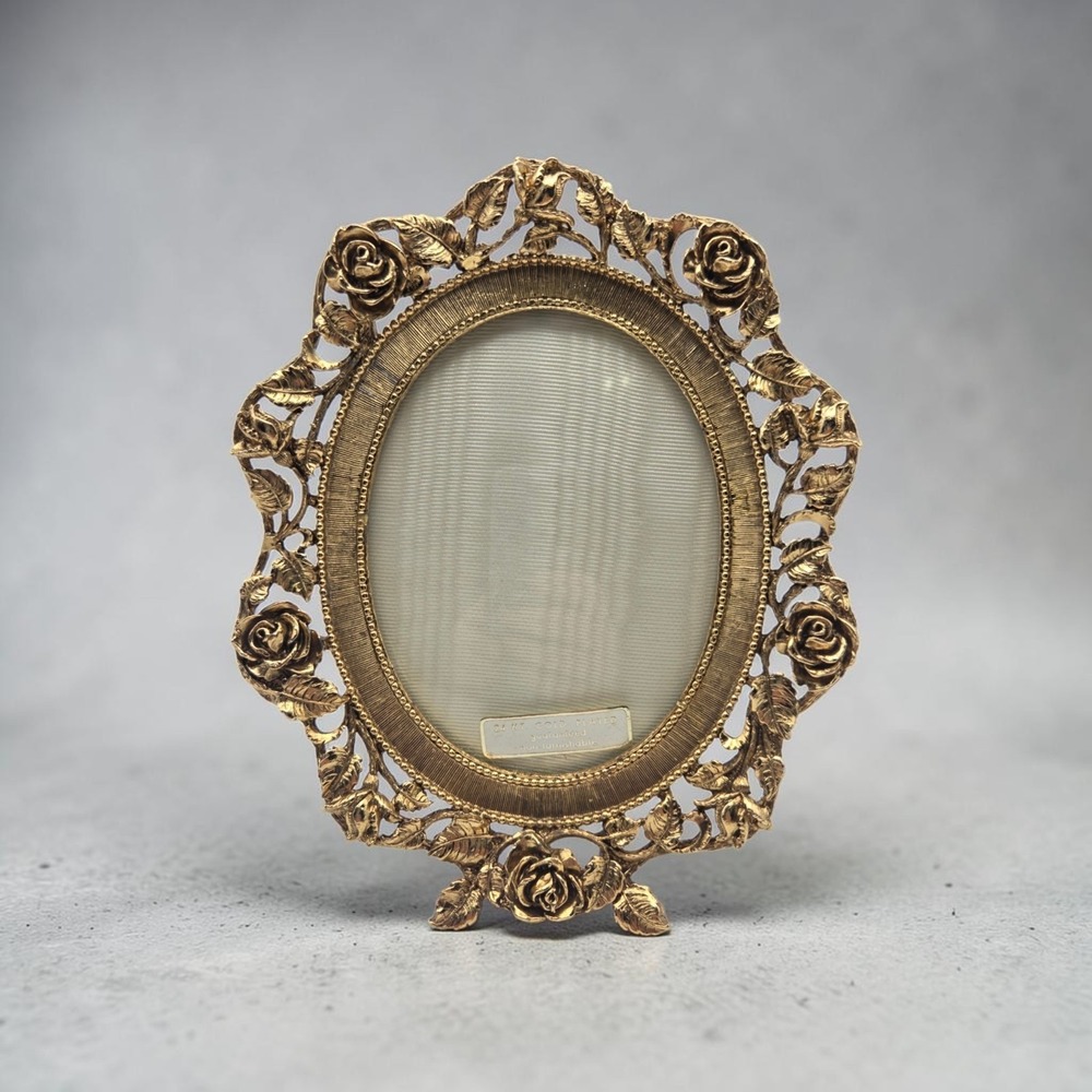 Vintage Matson 24K Gold Plated Oval Picture Frame Floral Roses Hollywood Regency